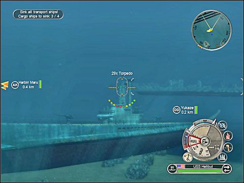 Jeśli jednak nie uda ci się sztuka pozbycia się obu niszczycieli to pamiętaj, iż zawsze możesz robić je w balona - gdy akurat atakują cię od strony rufy - dając nurka pod najbliższy statek transportowy: niszczyciel chcąc uniknąć zderzenia z nim będzie musiał zmienić kurs pozwalając ci wymknąć się - Misja 11 - Sub on Patrol (cz.1) | USA | Battlestations Pacific - Battlestations: Pacific - poradnik do gry