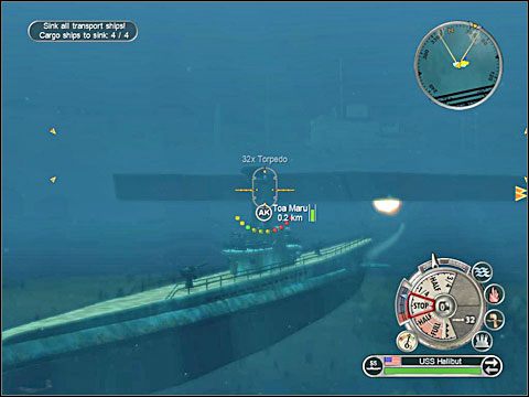 Po krótkim przerywniku kolej wykonać następne zadanie, czyli 2) zniszczyć zaznaczone budynki znajdujące się na pobliskich atolu - Misja 11 - Sub on Patrol (cz.1) | USA | Battlestations Pacific - Battlestations: Pacific - poradnik do gry