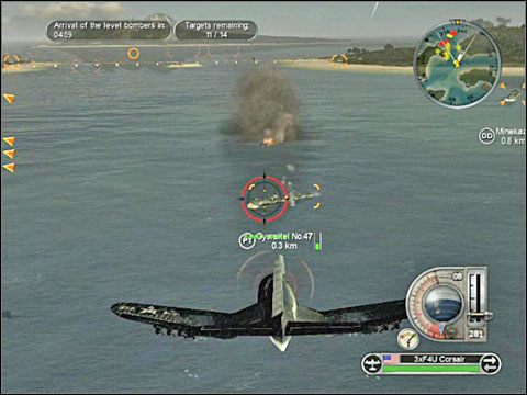 Za mostem dostrzeżesz już konwój japońskich transportowców - najpierw poczęstuj rakietami osłaniający je niszczyciel (podobnie jak poprzednik też powinien być już w nienajlepszym stanie technicznym) - Misja 12 - Air Raid against Indochina (cz.1) | USA | Battlestations Pacific - Battlestations: Pacific - poradnik do gry