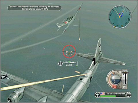 Jak, iż jest to tylko jedna z wielu maszyn lecących w sporej formacji możesz w każdej chwili przełączyć się na inny bombowiec po prostu najeżdżając na niego kółkiem celownika i wciskając w odpowiednim momencie (kiedy celowniczek przybierze zielony kolor) klawisz X - Misja 13 - Invading Iwo Jima (cz.1) | USA | Battlestations Pacific - Battlestations: Pacific - poradnik do gry