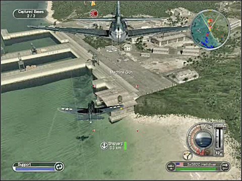 Po zniszczeniu stoczni skończ w podobny sposób z oboma lotniskami bombardując ich budynki (z pasów startowych wzbijają się w powietrze m - Misja 14 - Battle of Okinawa (cz.3) | USA | Battlestations Pacific - Battlestations: Pacific - poradnik do gry