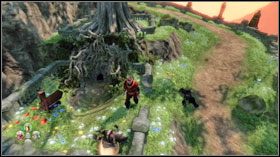 Za nim, na kamieniu, będzie siedział szkielet #1 i trzymał w ręku kolorowe jajko The Dingly Egg - jeżeli tylko w dobrej kolejności przeszedłeś przez kamienne przejścia - Misje poboczne w Fable II - Grumpy Rabbit | See the Future - Fable II - poradnik do gry