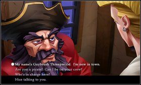 W barze możemy porozmawiać z kilkoma barwnymi postaciami, nie jest to niezbędne do przejścia gry, ale praktycznie w każdy dialog w Monkey Island może spowodować pojawienie się uśmiechu na naszej twarzy, więc nie warto niczego pomijać - Cz. I - Trzy próby (Początek) - Opis przejścia - The Secret of Monkey Island: Special Edition - poradnik do gry