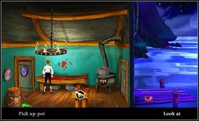 Z kuchni zabieramy kawał mięsa (hunk of meat ) oraz leżący pod stołem garnek (pot ) - Cz. I - Trzy próby (Początek) - Opis przejścia - The Secret of Monkey Island: Special Edition - poradnik do gry