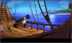 Schodzimy do kuchni i na ogniu używamy wizytówki (buisness card ) na ogniu, wychodzimy na pokład, otwieramy inwentarz i używamy garnka (pot ) - Cz. II - Wyprawa - Opis przejścia - The Secret of Monkey Island: Special Edition - poradnik do gry