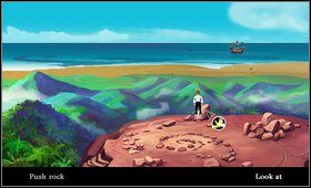 Wychodzimy na jeszcze wyższy poziom i spychamy skałę (rock ) z urwiska - Cz. III - Pod małpią wyspą (1) - Opis przejścia - The Secret of Monkey Island: Special Edition - poradnik do gry