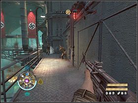 Możesz już skręcić w lewo, wyjść po schodach na górę i skorzystać z windy, dzięki której przedostaniesz się na wyższy poziom - Etap 9 - Pieczary (cz.3) | Opis przejścia Wolfenstein - Wolfenstein - poradnik do gry