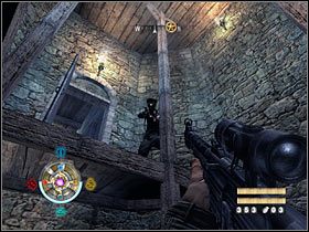 Po wstępnym oczyszczeniu okolicy udaj się prosto, rozpraw się z niedobitkami i zlokalizuj pokazane na pierwszym screenie wejście do wieży - Etap 16 - Zamek | Opis przejścia Wolfenstein - Wolfenstein - poradnik do gry
