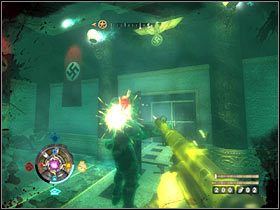 Szybko obróć się i użyj Leichenfausta lub działka cząsteczkowego do wyeliminowania wrogów, którzy pojawią się w przejściu - Etap 19 - Radiostacja | Opis przejścia Wolfenstein - Wolfenstein - poradnik do gry