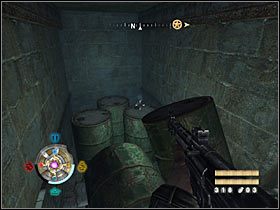 Sekret 5: Tuż po rozprawieniu się z drugim niewidzialnym przeciwnikiem skorzystaj z zejścia i rozejrzyj się za beczkami po prawej stronie - Etap 14 - Złoto (cz.1) | Sekrety Wolfenstein - Wolfenstein - poradnik do gry