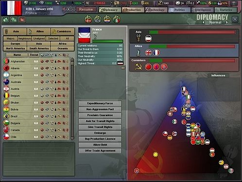 Ekran dyplomacji na przykładzie Francji. - Dyplomacja | Porady szczegółowe | Hearts of Iron III - Hearts of Iron III - poradnik do gry