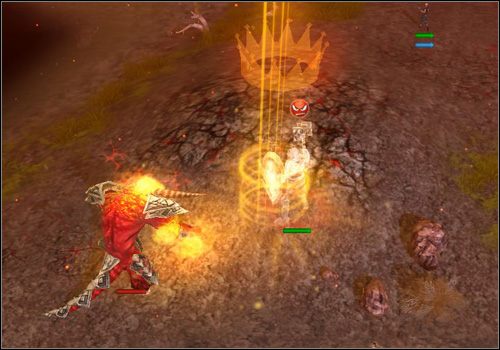 Kiedy następny raz będzie zbliżał się do miasta, skorzystaj z Korony Ardanii (czwarta opcja w lewym górnym narożniku), wskaż miejsce przy Demonie i kliknij, dzięki czemu przyzwiesz ducha potężnego wojownika, który zacznie walczyć z wrogiem (obrazek powyżej) - Misja 16 - The Return of His Majesty | Kampania | Majesty 2 - Majesty 2: Symulator Królestwa Fantasy - poradnik do gry