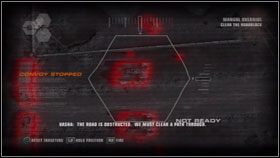 Zaznaczony na żółto cel, to ciężarówka którą musimy ochronić - Misje główne - EOS (1) - Guerrilla - Red Faction: Guerrilla - poradnik do gry