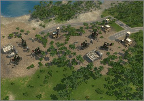 Po rozwinięciu armii wybuduj cztery złoża naftowe, a przy każdym postaw przynajmniej jeden posterunek wojskowy (obrazek powyżej) - Rozdział 12 - Głęboko w ropie | Opis przejścia | Tropico 3 - Tropico 3 - poradnik do gry