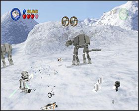 Ostatnia sekcja poziomu to pole bitwy podobne do Geonosis z pierwszej części gry, w której na środku ekranu widzisz listę przeciwników, których musisz się pozbyć, by posunąć się dalej - Chapter 1 - Hoth Battle - Story Mode - Episode 5 - LEGO Star Wars: The Complete Saga - poradnik do gry