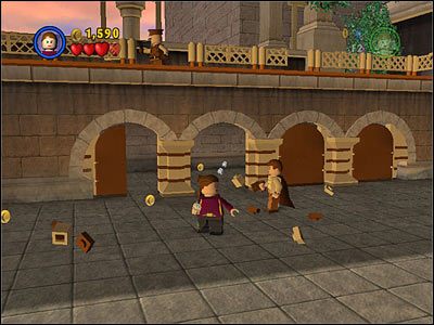 Nieopodal miejsca, w którym zaczynasz ten etap, zniszcz cztery brązowe drzwi w głębi placu - Chapter 3 - Escape from Naboo - Free Play - Episode 1 - LEGO Star Wars: The Complete Saga - poradnik do gry