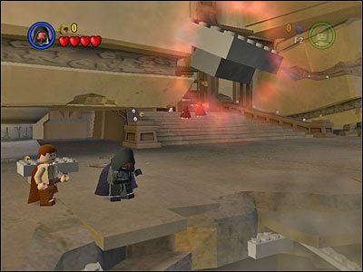 Spośród odstających z załamanego końca placu klocków musisz wyłowić te, które po użyciu na nich Mocy przeniosą się na środek i posłużą jako platforma dla Jar-Jara - Chapter 5 - Ruin of the Jedi - Free Play - Episode 3 - LEGO Star Wars: The Complete Saga - poradnik do gry