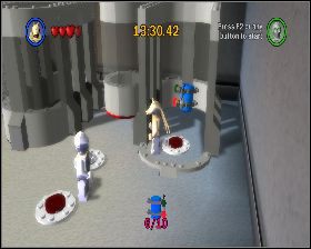 W hangarze skieruj się w lewo i wejdź na platformę, na której drzwi do kolejnego pomieszczenia otworzy R2D2 - Chapter 1 - Negotiations - Challenges - Episode 1 - LEGO Star Wars: The Complete Saga - poradnik do gry