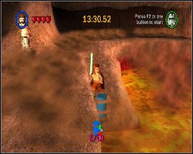 Ostatni z kanistrów jest pod koniec lokacji z jaskiniami, w obniżeniu terenu tuż przy lawie - Chapter 3 - Droid Factory - Challenges - Episode 2 - LEGO Star Wars: The Complete Saga - poradnik do gry