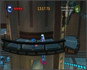 Po przestawieniu ramienia z prawej wskocz na nie i przeskocz na centralną platformę nad przejściem - Chapter 5 - Ruin of the Jedi - Challenges - Episode 3 - LEGO Star Wars: The Complete Saga - poradnik do gry