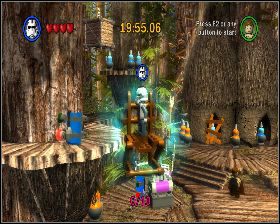 Wskocz na krzesło z lewej i poczekaj, aż twój kompan przeniesie cię na górę, gdzie znajdziesz pierwszy kanister - Chapter 4 - The Battle of Endor - Challenges - Episode 6 - LEGO Star Wars: The Complete Saga - poradnik do gry