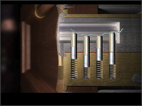 Pierwsza zapadka od prawej jest już w prawidłowym położeniu - Rozdział trzeci (2) | Opis przejścia Black Mirror II - Black Mirror II - poradnik do gry