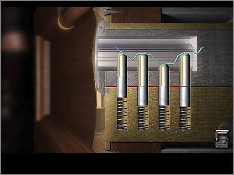 Pierwsza, druga i trzecia zapadka od prawej są już w prawidłowym położeniu - Rozdział trzeci (2) | Opis przejścia Black Mirror II - Black Mirror II - poradnik do gry