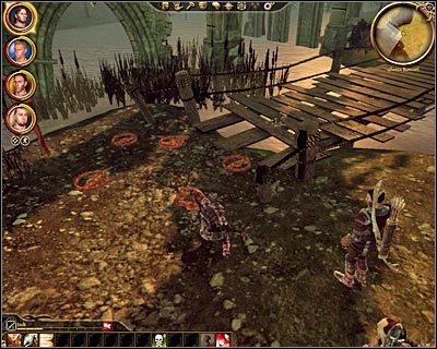 Jeżeli dysponujesz postacią zdolną do rozbrajania pułapek to dobrze byłoby się zająć zlikwidowaniem wnyków zlokalizowanych po drugiej stronie mostu - Dragon Age Początek: Skrytka Szarych Strażników (Ostagar) - Dragon Age: Początek - poradnik do gry