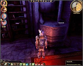 Krok 8: Kliknij na podstawie ogromnej rzeźby maga Gorvisha (zachodnia ściana północnej części biblioteki) (M33, 19) - Dragon Age Początek: Nauka o przywołaniu (Wieża Kręgu) - Dragon Age: Początek - poradnik do gry