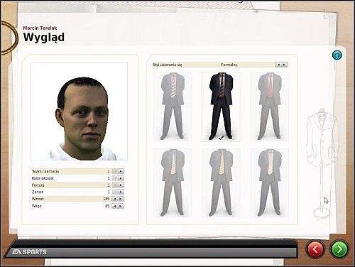 Po lewej stronie znajdują się przełączniki determinujące wygląd waszej postaci, a po stronie prawej pola umożliwiające wybór stroju - Wygląd awatara - Pierwsze kroki - FIFA Manager 10 - poradnik do gry