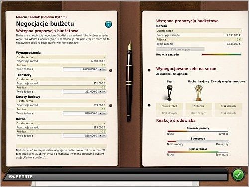 Po zadeklarowaniu celów treningowych, wyświetlony zostanie ekran negocjacji kwotowych - Negocjowanie budżetu i cele sezonowe - Pierwsze kroki - FIFA Manager 10 - poradnik do gry