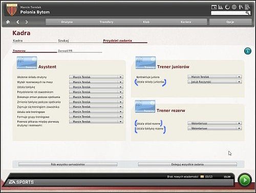 Na znajdującym się powyżej screenie zakreślono funkcje, które dobrze jest powierzyć wirtualnemu specjaliście - Podział obowiązków - Porządkowanie spraw klubowych - FIFA Manager 10 - poradnik do gry