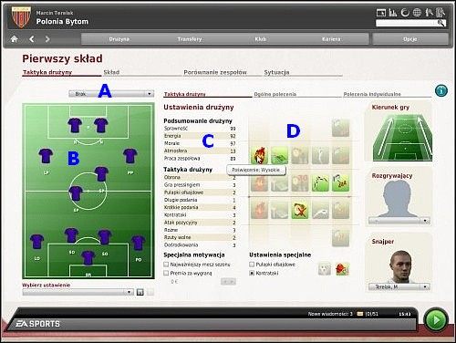 Po lewej stronie znajduje się diagram boiska (B) - Taktyka - Porządkowanie spraw klubowych - FIFA Manager 10 - poradnik do gry