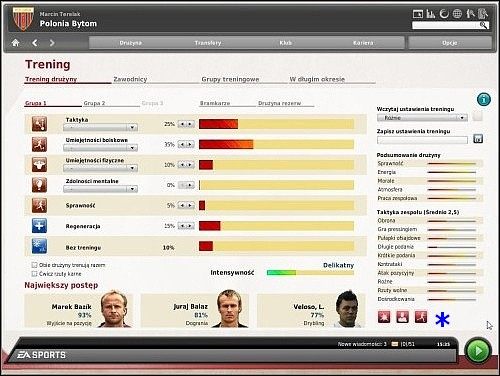 Gdy jej użyjecie, wyświetli się ekran treningu, który składa się z czterech podekranów: Trening drużyny, Zawodnicy, Grupy treningowe, W długim okresie - Trening - Opieka nad drużyną - FIFA Manager 10 - poradnik do gry