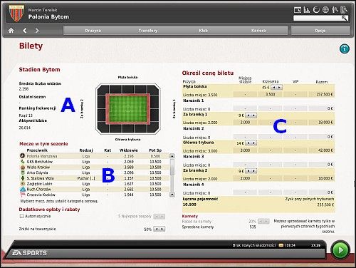 Po lewej stronie ekranu znajduje się diagram Waszego stadionu (A), wraz z podziałem na trybuny - Bilety i karnety - Sprawy klubowe - FIFA Manager 10 - poradnik do gry
