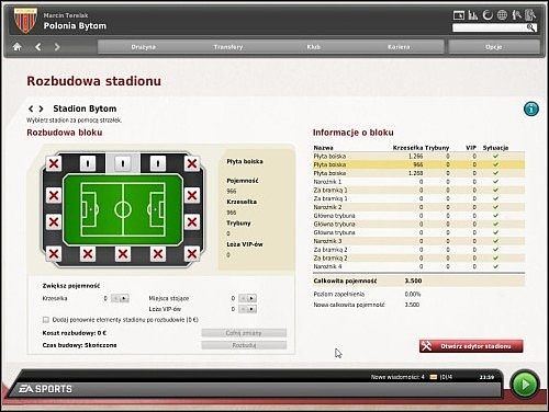 Jak widać na powyższej grafice, ekran stadionu składa się z dwóch głównych części - Stadion - Sprawy klubowe - FIFA Manager 10 - poradnik do gry