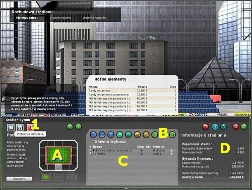 W górnej części znajduje się nasz stadion w pełnej wizualizacji trójwymiarowej - Stadion - Sprawy klubowe - FIFA Manager 10 - poradnik do gry
