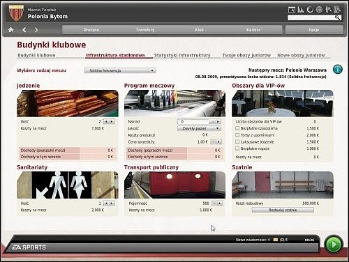 Poprzez infrastrukturę rozumiane jest zarządzanie stadionowymi stanowiskami z jedzeniem, toaletami, programami meczowymi, szatniami, gadżetami vipowskimi i transportem publicznym - Infrastruktura - Sprawy klubowe - FIFA Manager 10 - poradnik do gry