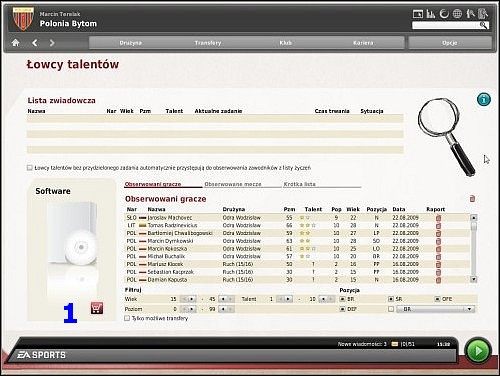 Talenty można wyszukiwać za pomocą obserwatorów lub oprogramowania szpiegowskiego - Wyszukiwanie talentów - Sprawy klubowe - FIFA Manager 10 - poradnik do gry