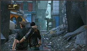 Trafisz do miejsca, gdzie po lewej stronie znajdować się będzie budynek z fioletowymi ścianami, a nieopodal kolejne drzwi (tym razem to Elen będzie przewodniczyć wycieczce) - Rozdział 11 Nie zatrzymuj się | Opis przejścia Uncharted 2 Among Thieves - Uncharted 2: Among Thieves - poradnik do gry