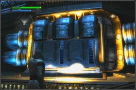 Zeskocz i zniszcz dwie maszyny kroczące Imperium, po czym używając Force Grip, wepchnij wielki generator na swoje miejsce - Misja 09 - Death Star (cz.2) - Opis przejścia - Star Wars: The Force Unleashed - Ultimate Sith Edition - poradnik do gry