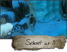 Sekret trzeci ukryty jest koło miejsca, gdzie do jednej ze ścian (po pokonaniu kilku skalnych półek skutych lodem) przymocowane będą cienkie liny (złapać się będziesz mógł tylko jednej) - Rozdział 17 | Sekrety - Lokalizacja | Uncharted 2 Among Thieves - Uncharted 2: Among Thieves - poradnik do gry