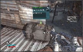 Aby dostać się do kolby [3] musisz wskoczyć najpierw na zbiornik, a potem na dach na którym narysowana jest biała strzałka w górę (lewy obrazek) - Scavenger Sniper Rifle | Arid Badlands | Solucja Borderlands - Borderlands - poradnik do gry