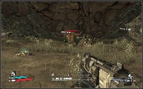 Skieruj się na północ lokacji [1] i podejdź do kopca (lewy obrazek) w centrum polany - Altar Ego Godless Monsters | Rust Commons East | Solucja Borderlands - Borderlands - poradnik do gry