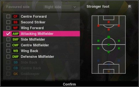 Domyślnie ustawiona pozycja - AMF jest bardzo uniwersalna. - Tworzenie zawodnika | Become a Legend w Pro Evolution Soccer 2010 - Pro Evolution Soccer 2010 - poradnik do gry