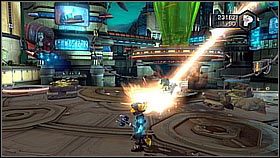 Gdy rozprawimy się z pojazdami generał przeskoczy nad krawędzią i aktywuje most - Axiom City | Opis przejścia | Ratchet & Clank A Crack in Time - Ratchet & Clank: A Crack in Time - poradnik do gry