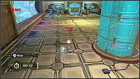 Niebieskim powtarzamy operację - wbiegamy na windę, u góry na przycisk, a gdy żółty wejdzie na windę dolną udajemy się na jeden z przycisków przed drzwiami - The Great Clock III | Opis przejścia | Ratchet & Clank A Crack in Time - Ratchet & Clank: A Crack in Time - poradnik do gry