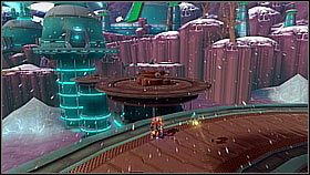 Zostaniemy wyrzuceni w górę -szybujemy na platformę i po wylądowaniu walczymy z robotami - Tombli Outpost | Opis przejścia | Ratchet & Clank A Crack in Time - Ratchet & Clank: A Crack in Time - poradnik do gry