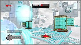 Ruszamy w ponowną podróż zielonym - robimy wszystko co poprzednio (czyli biegniemy za czerwonym i żółtym, zamieniamy działo w platformę, przeskakujemy wyżej i stajemy na przycisku, czekamy na czerwonego aby wbiegł do śluzy i udostępnił drogę niebieskiemu na dole) - The Great Clock II | Sekrety | Ratchet & Clank A Crack in Time - Ratchet & Clank: A Crack in Time - poradnik do gry