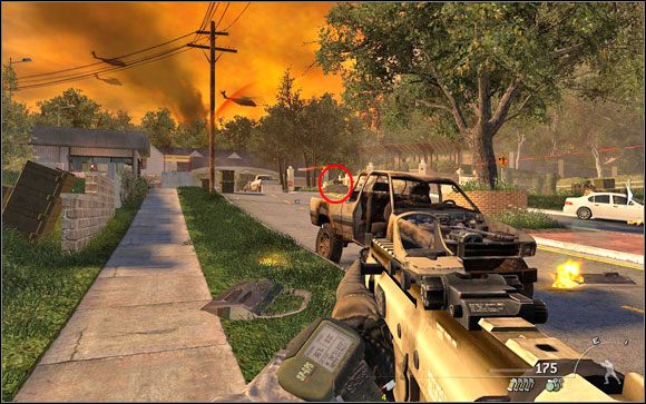 Po dotarciu w pobliże wozu strażackiego, w oddali ujrzysz działko strażnicze - jego likwidacja bardzo pomoże Ci przebrnąć dalej - Eksodus | Weteran w Call of Duty Modern Warfare 2 - Call of Duty: Modern Warfare 2 - poradnik do gry